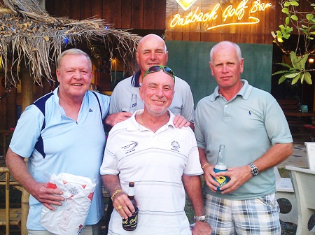 Wednesday winners, Joe Mooneyham, left, Sugar Ray Handford, rear centre, and Paul Greenaway, right, with Birthday boy Steve Mann’s, front centre.